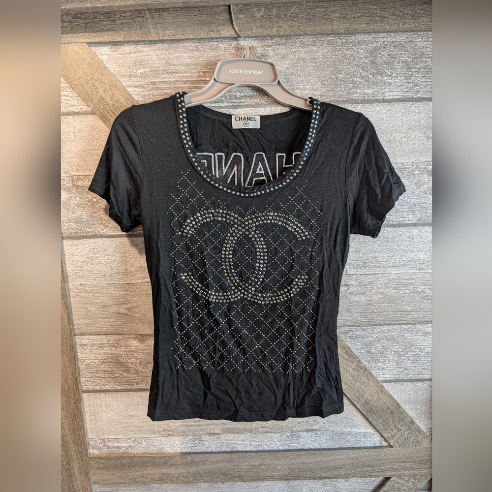 CHANEL Black Short Sleeve Tee with Rhinestone Embellishments